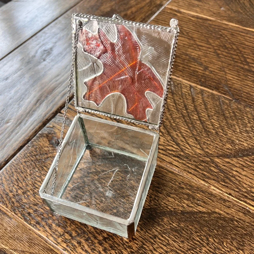 Vintage Stained Glass Maple Leaf Trinket Box Amber Fall Jewelry Keepsake Box